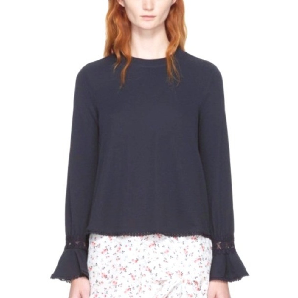 See by Chloe Navy Bell Sleeve Tonal Lace Trim Blouse Pullover XS